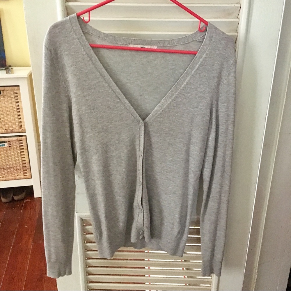 H&M Gray V Neck Cardigan Sweater Button Career S